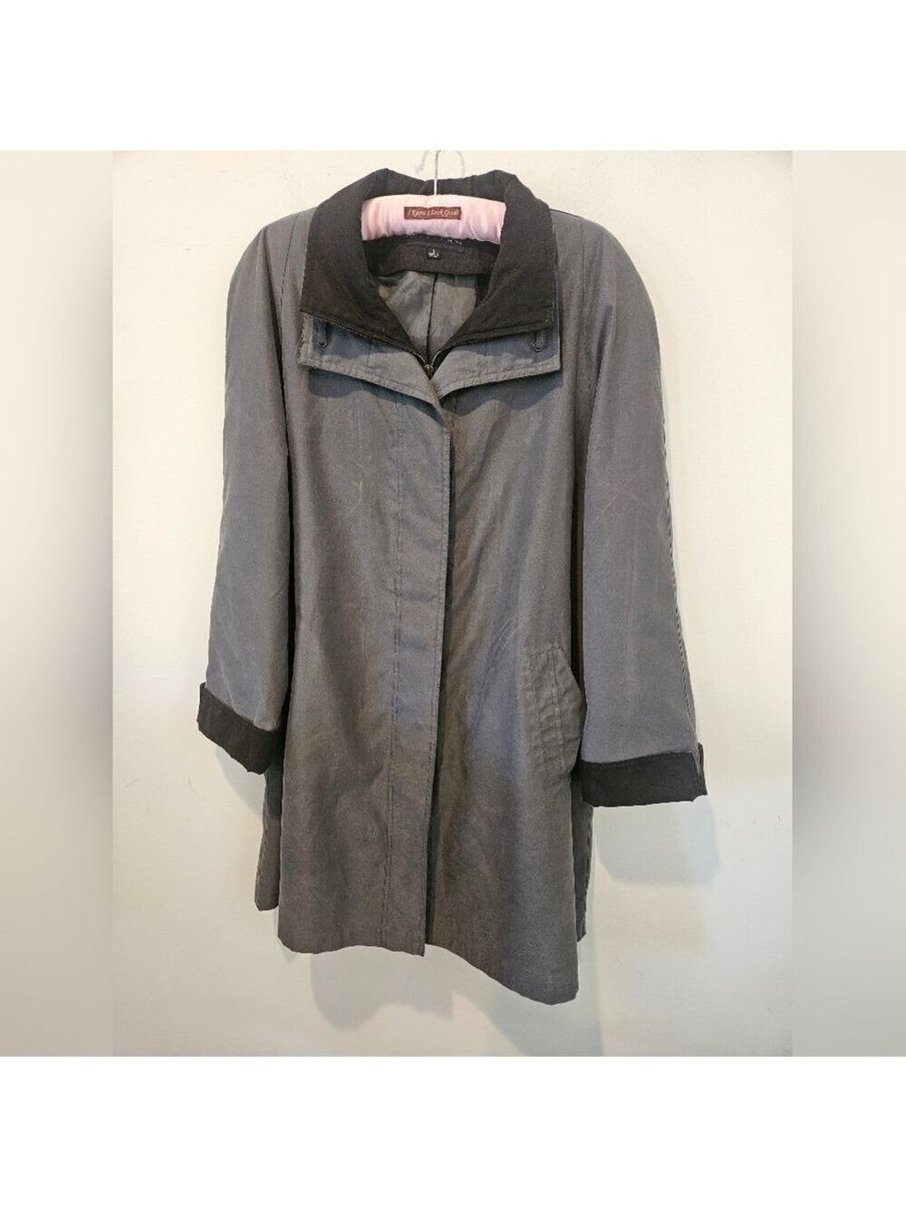 GALLERY WOMEN'S GREY WITH BLACK TRIM TRENCH COAT MISSING EXTRA LINER SIZE LARGE